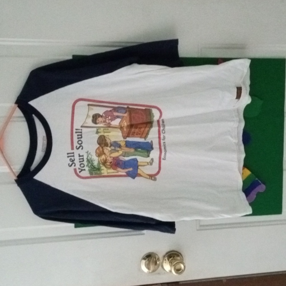 Steven Rhodes "Economics for Children" blue and white baseball shirt Size L